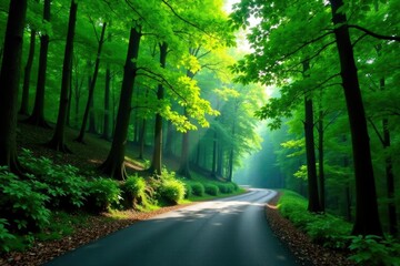 Fototapeta premium Lush forest canopy above the Blue Ridge Parkway, forest sounds, road winding
