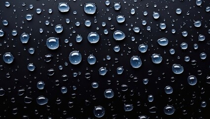 Close-up of fresh water droplets glistening on a smooth black surface creating an elegant texture and contrast for design purposes.