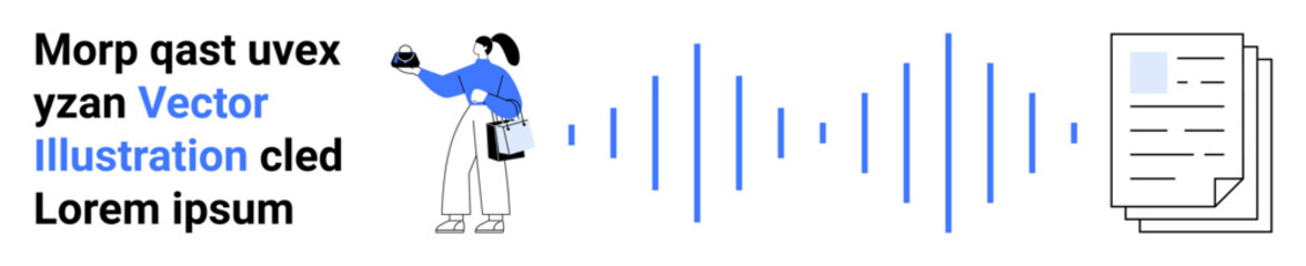 Office worker holding coffee, clipboard illustrates workflow as sound waves connect to document stack. Ideal for workflow, productivity, communication, teamwork, office, technology, flat landing page