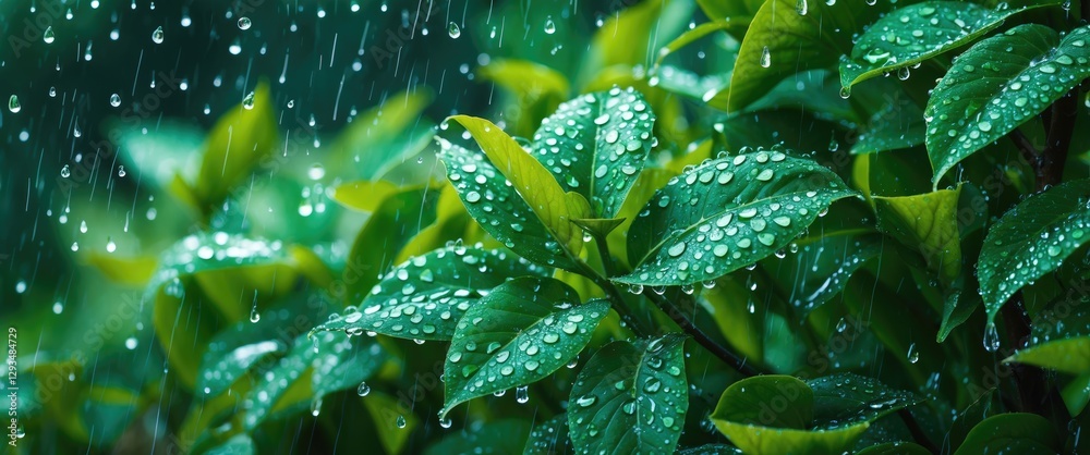 Wall mural close-up of vibrant green leaves with raindrops creating a refreshing background texture ideal for n