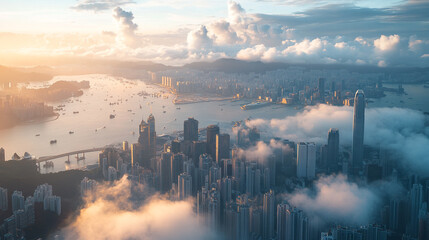 Fototapeta premium Stunning hong kong cityscape sunrise aerial view with clouds fog asia dawn urban light ocean water