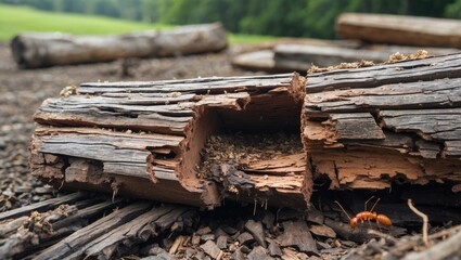 Fototapeta premium Termite damage on weathered wood showcasing nature's impact and decay in a forested landscape with visible insect activity.