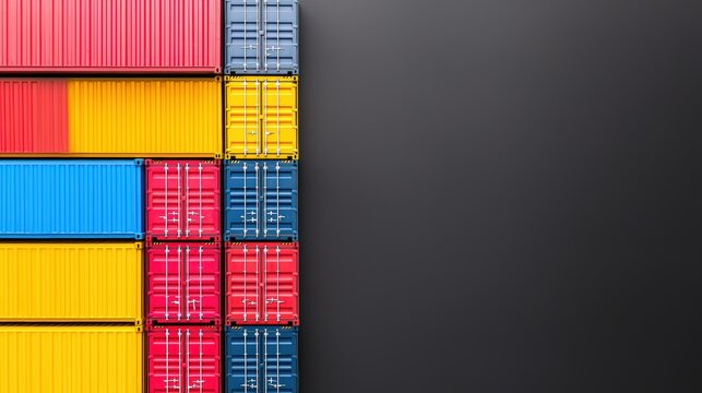 Colorful shipping containers stacked against a dark background, showcasing a vibrant arrangement ideal for logistics and transportation themes.cargo management warehouse scheduling