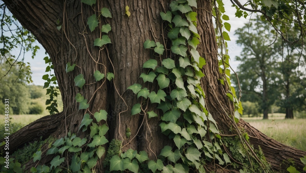 Poster lush green vines climbing up textured tree trunk surrounded by nature with space for custom text ove