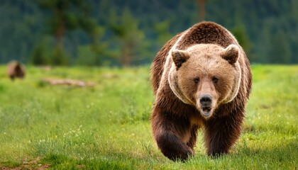 Fototapeta premium Majestic Brown Bear Ursus Arctos Approaching on Verdant Grassland in Summer Twilight, Displaying a Powerful and AweInspiring Sense of Wilderness