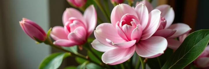 Fototapeta premium Pink magnolia flowers in a vase with other flowers and greenery, centerpiece, arrangement