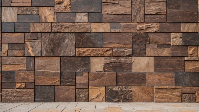 Textured brown stone wall with varying shades and patterns for architectural and design backgrounds.