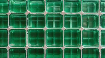 Vibrant textured green glass block wall background reflecting light and color for modern architectural design and decor themes.