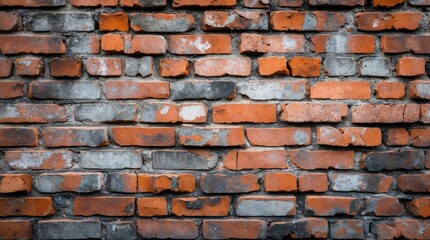 Obraz premium Weathered brick wall showcasing an irregular pattern of worn bricks in varying shades of red and gray for textured architectural backgrounds.