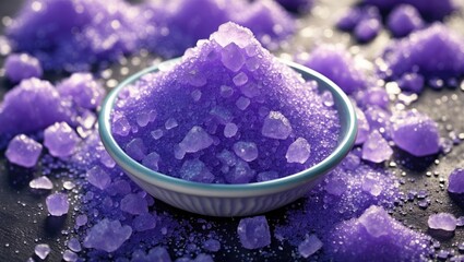 Naklejka na ściany i meble Violet sea salt in a bowl surrounded by scattered crystals top view aesthetic display for natural spa or culinary backgrounds