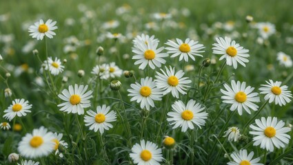 Fototapeta premium Vibrant Chamomile Flowers Blooming in Lush Green Meadow Under Natural Sunlight