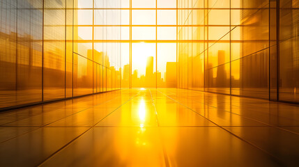 Golden sunlight illuminating a futuristic finance hub urban cityscape photography early evening wide viewpoint