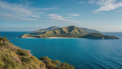 Fototapeta premium Serene Tropical Island Panorama with Vibrant Blue Waters and Lush Green Landscape Ideal for Text Placement and Travel Promotion