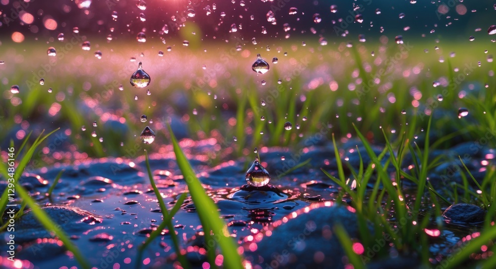 Wall mural glistening raindrops falling on lush green grass with a vibrant background creating a serene and ref