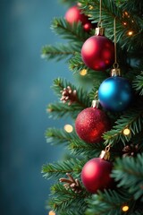 Fototapeta premium Ornamented garland with blue red and gold hues on wooden branch, winter wonderland, holiday decor