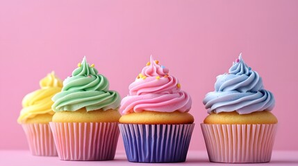 Three delicious cupcakes decorated with colorful frosting and sprinkles perfect for parties and sweet celebrations