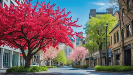 Vibrant Cherry Blossom Trees Along a City Street Surrounded by Modern and Historic Architecture on a Sunny Day