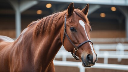 Fototapeta premium Elegant Brown Horse Portrait in Equestrian Arena Showcasing Majestic Features and Serene Atmosphere for Equine Enthusiasts and Advertisements.