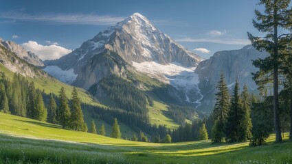 Majestic mountain vista with lush green meadows and towering coniferous trees under clear blue skies in a serene natural landscape.