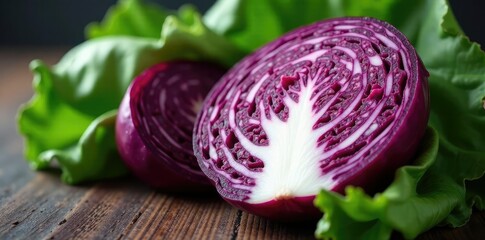 Sliced red cabbage with a soft, muted color palette, leafy greens, sliced cabbage