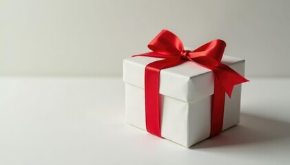 Obraz premium Simple elegant gift box with red ribbon tied in a bow, colorful ribbon, wrapping paper, small gift