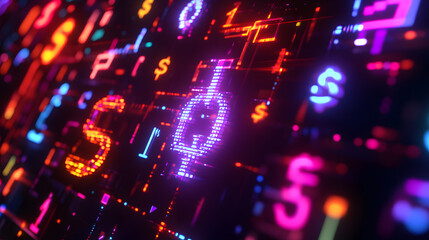 Digital financial interface virtual space graphic design neon environment close-up view cryptocurrency visualization