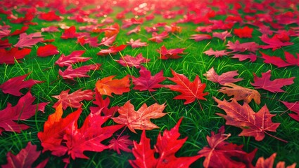 Vibrant Red Autumn Leaves Blanketing Lush Green Grass in a Serene Nature Landscape