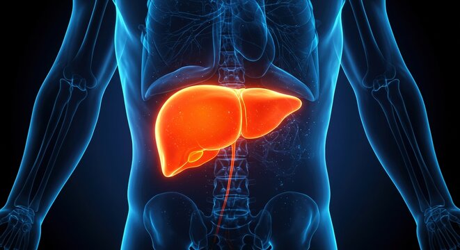 Human Anatomy liver blue glowing x-ray research 3d Medical illustration, liver diseases, liver health