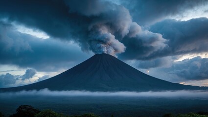 Obraz premium Majestic Volcano Erupting Under Dramatic Dark Clouds with Smoke and Ash During Twilight in a Lush Green Landscape