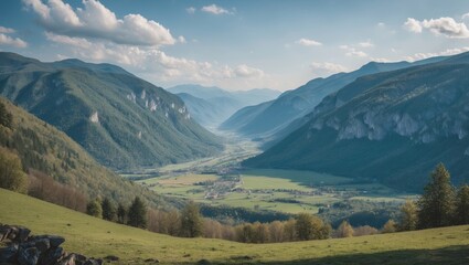 Obraz premium Breathtaking panoramic view of mountainous valley landscape in Transylvania with clear skies and ample space for text overlay or branding.
