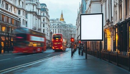 Obraz premium Blank Billboard on a Rainy London Street with Blurred Buses