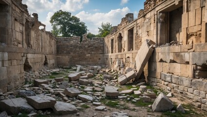 Ancient ruins with collapsed walls and scattered stones in a sunlit landscape showcasing architectural decay and natural overgrowth.