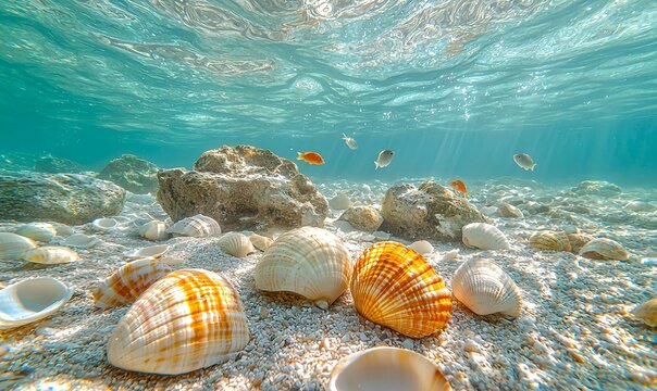 White sandy beaches strewn with seashells, starfish, and small fish swimming in the light yellow waves