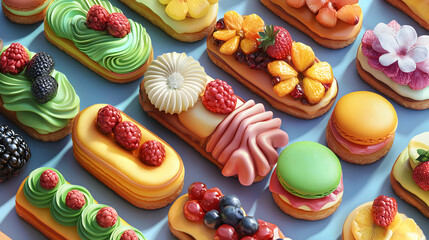 Assorted Eclairs and Macarons with Fruit Toppings Colorful Confections