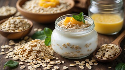 Healthy Yogurt Breakfast with Oat Flakes and Fresh Fruits in Glass Jar Nourishing Meal on Rustic Wooden Table