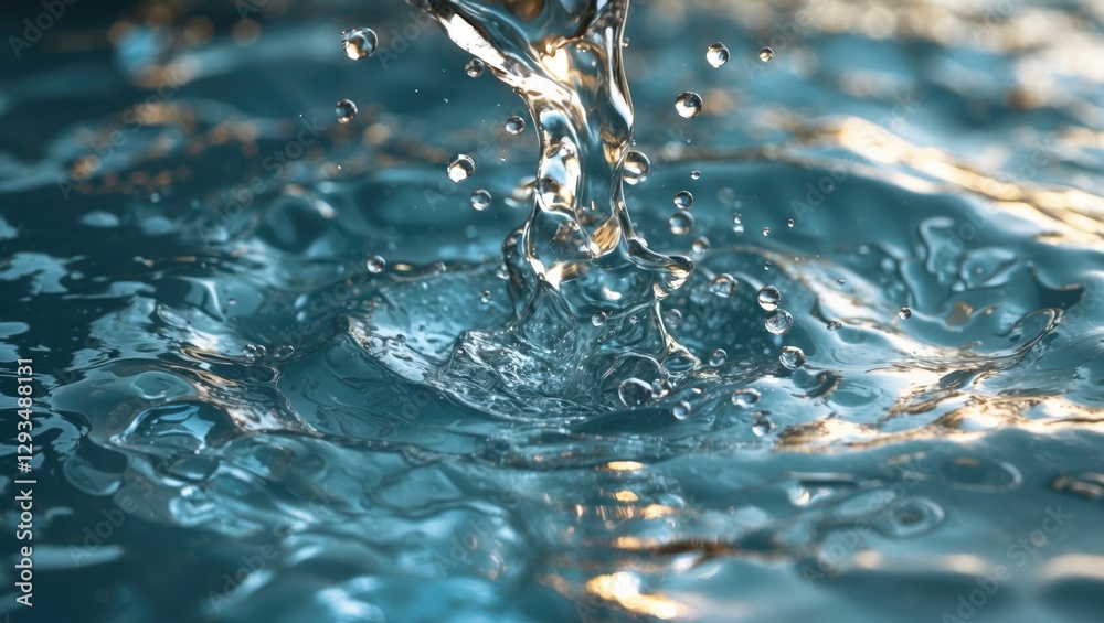 Poster dynamic water splash creating detailed texture with reflections and ripples in a serene blue backgro