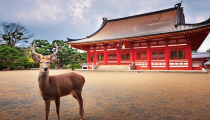 Majestic Stag Staring Intently at Ancient Red Temple on a Winters Day, the Dusty Path Leading to a Timeless Sanctuary Filled with Ethereal Peace and Tranquility.