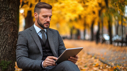 Man in suit using a digital tablet outdoors with a backdrop of autumn foliage, sitting on a bench. The setting is tranquil, reflecting a blend of work and relaxation.