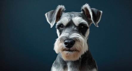 Schnauzer dog portrait against dark blue background showcasing its distinct features and expression in an artistic style.