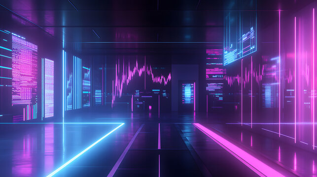 Futuristic trading terminal virtual space digital art neon environment panoramic view luxury brightness - Powered by Adobe