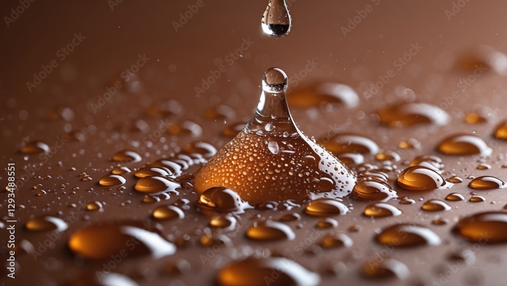 Poster water droplets creating a dynamic pattern on a rich brown surface showcasing texture and light refle