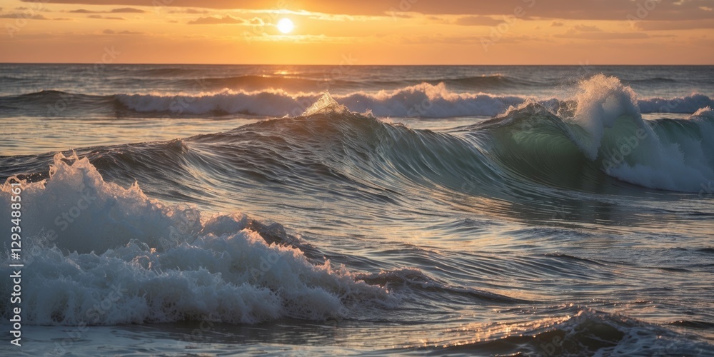 Poster sunset waves creating a serene seascape with tranquil reflection and space for custom text overlay