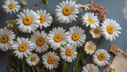 Daisies Spread Elegantly on Vintage Surface Showcasing Freshness and Natural Beauty in Floral Arrangement for Home Decor
