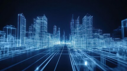 Futuristic city wireframe, night road, digital landscape, technology, urban planning