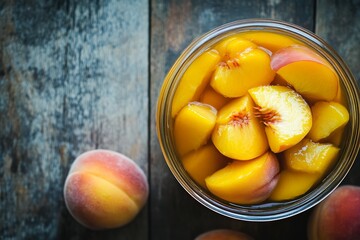 Canned peaches in syrup close-up. Neural network AI generated