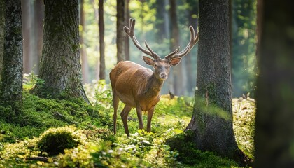 Majestic Deer Wandering Through a Misty Enchanted Forest, Cloaked in Autumns Soft Amber Light, Capturing the Spirit of Natures Peace and Tranquility.