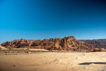 Scenic view of desert against clear blue sky, A beautiful Landscape from Al Ula, Saudi Arabia 