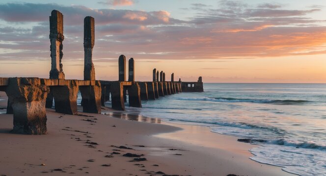 Sunset Over Port Willunga Beach Featuring Historic Jetty Ruins Against Golden Sky With Sea Waves And Empty Space For Text