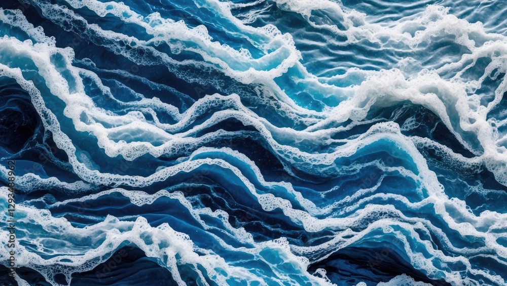 Poster ocean wave patterns with white foam creating a textured blue background suitable for design and arti