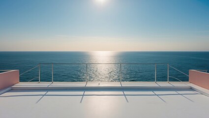 Obraz premium Seaside View from a Modern Terrace with Clear Horizons and Open Space for Custom Text or Branding
